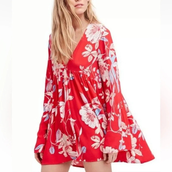 Free People Women’s Bella Floral Print Long Sleeve Tunic Top Red Size Small - Picture 2 of 8